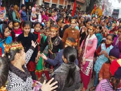In the procession of devotees thronging crowd